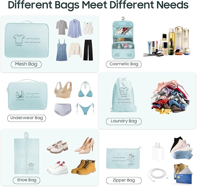 8 Set Packing Cubes for Travel Essentials - Luggage Organizer Bags with Hanging Toiletry & Shoe Bag for Suitcase, Travel Cubes for Packing