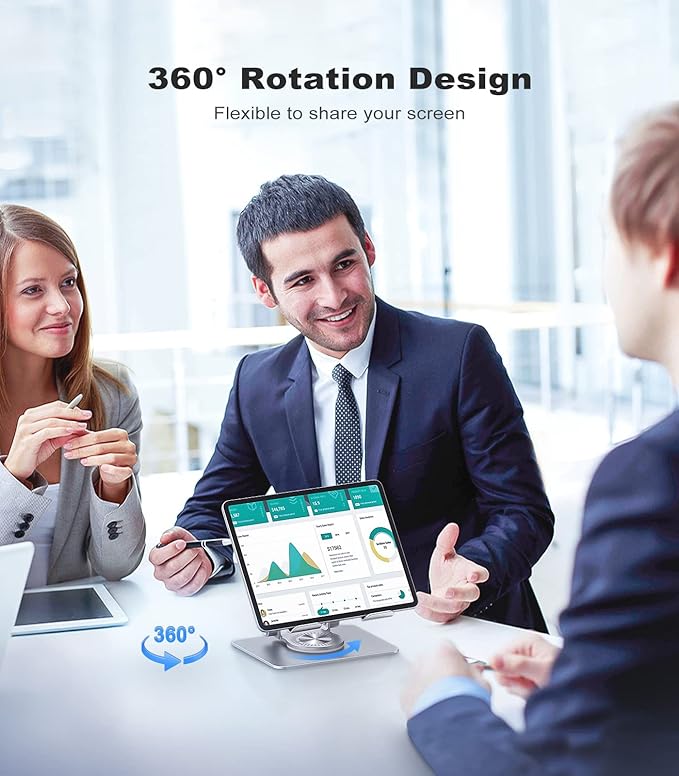 Tablet Stand, Swivel Ipad Stand with 360 Rotating Base, Adjustable Tablet Holder for Drawing, Compatible with iPad Pro/Air/Mini and More (Silver)