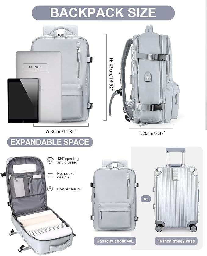 Carry On Backpack for Women, Airline Approved Personal Item Large Travel Backpack Flight Approved, Waterproof Laptop Bag Business Work Gym Backpacks Men Grey Mochila De Viaje