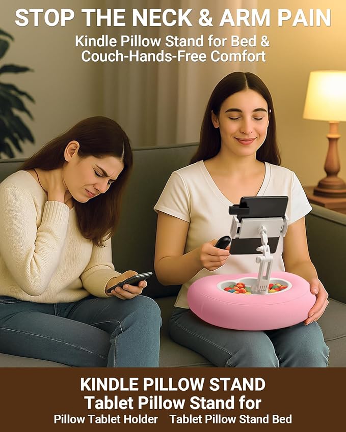 Kindle Pillow Stand for Bed, Adjustable Tablet & Phone Holder for iPad, Kindle, Couch – Snack & Drink Holders, 50 Disposable Liners & Washable Pillow Cover(Pink)