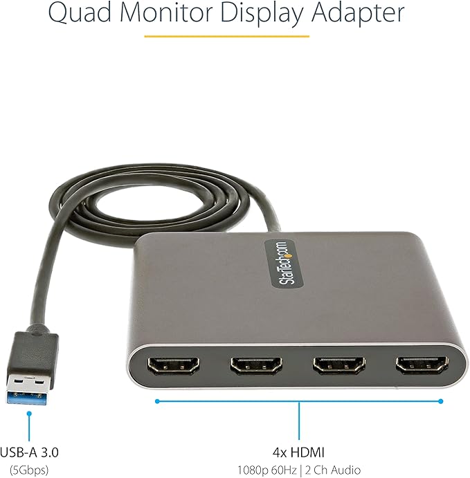 StarTech.com USB 3.0 to Quad HDMI Adapter, USB to 4x HDMI Monitor Converter for Windows, TAA (no support for macOS/ChromeOS/Linux)
