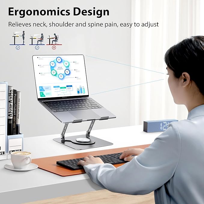 Laptop Stand, Adjustable Metal Computer Stand with 360° Rotating Base, Ergonomic Foldable Laptop Riser for Desk, Portable Laptop Stand Mount for All 10-16" Laptops and Notebooks, Space Gray