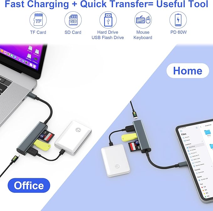 USB C SD Card Reader, Memory Card Reader with 60W PD Charger Adapter SD Card Adapter with SD/TF/USB 4 Ports for iPhone 15/16 iPad Pro MacBook Pro/Air iMac Android and More USB-C Devices