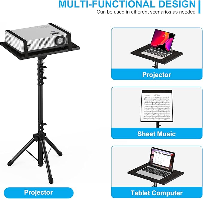 Projector Stand Tripod, Laptop Tripod Stand Adjustable Height from 23.5 to 63.5 inches with Gooseneck Phone Holder, Laptop Floor Stand for Office, Home, Stage, Studio, DJ Racks Holder Mount