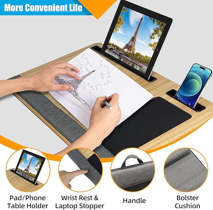 Natural Wood Laptop Tray for Lap - Portable Laps Desk for Lap Top with Cushion, Lightweight Laptop Stand with Mouse Pad, Fits Laptops Up to 17 Inches, Built-in Mouse Pad, Tablet Phone Holder, Beige