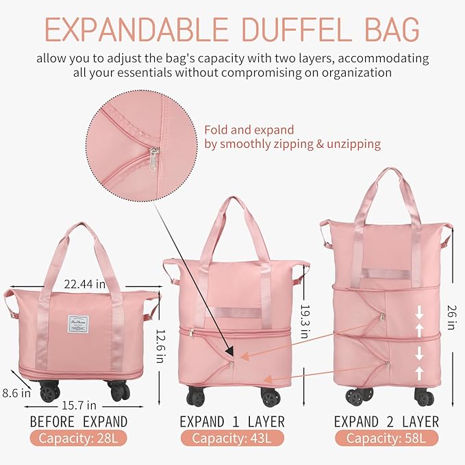 VOOWO Rolling Duffle Bag with Wheels, Expandable Foldable Duffle Bag for Travel, Rolling Under Seat Luggage Carry on Duffel Bags, Wheeled Travel Duffel Large Overnight Weekend Bags (Pink)