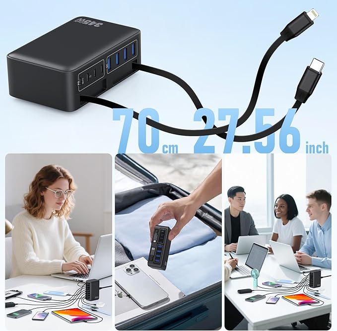 345W USB C Charger Block with 2 Built-in Retractable Cables,10-in-1 GaN IV USB C Charging Station,PD 65W Laptop Charger Power Adapter for MacBook Pro/Air,DELL,iPhone17/16/15/14,Galaxy S24,Android etc
