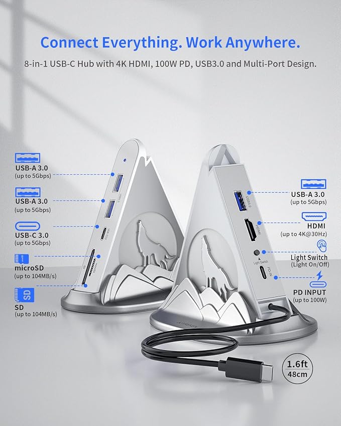 Silver 8-in-1 USB C Hub Multiport Adapter to 4K HDMI for MacBook,with 3 USB-A Ports,1 USB-C Data,100W PD,SD/TF Card Slots,Compatible with MacBook Pro/Air,iPad Pro,and More Type-C Laptops