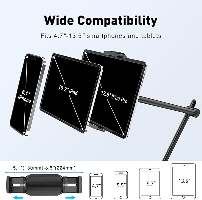 AboveTEK Tablet Stand Holder for Desk & Bed, Aluminum iPad Holder Arm with 360° Rotating Clamp, Adjustable Phone Stand Compatible with 4.7"-13.5" iPad Pro/Air/Mini, iPhone, Galaxy Tab- Black