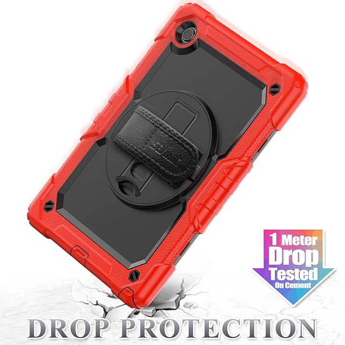 SEYMAC stock Case for Samsung Galaxy Tab A9+ Plus 11'', Full-Body Drop Protection Case with Screen Protector Pencil Holder [360° Rotating Hand Strap] &Stand, Red+Black