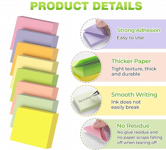 1.5 x 2 in Sticky Notes Mini,1600 Sheets Small Sticky Pads Clean Removal,16 Pads Pastel Colors Self-Stick Pads,100 Sheet/Pad Colorful Stickies Notes Pads Ideal for Office,Home,School,Meeting