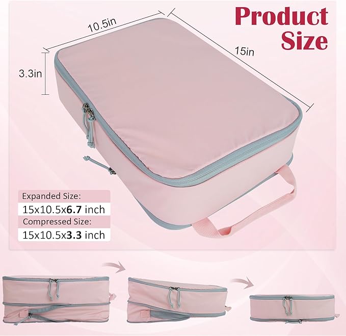 Large Compression Packing Cubes for Travel, 2 Set Compression Bags Travel Cubes for Packing Suitcase Organizer Luggage Organizer Bags Set, Pink