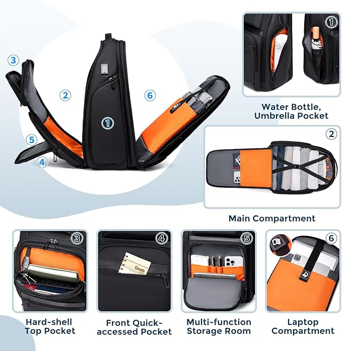 Travel Laptop Backpack for Men, Expandable Water Resistant 15.6 Inch Computer Backpack with USB Port, Mens Hardshell Laptop Bag for Business/Work/College, Black