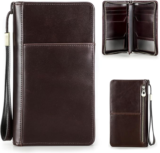 Top Grain Leather Travel Passport Wallet Holder for Man & Woman, Handmade with Three-Layer for 4 Passports & Multi Cards, RFID Blocking Large Capacity for Cards/Passports/Tickets, Coffee