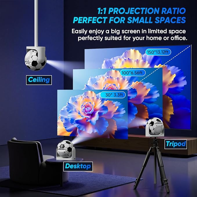 Mini Projector with WiFi and Bluetooth Auto Focus & Vertical Keystone Smart Portable Projector Android 13 with Built in Apps 1080P HD 4K Support w/ HDMI/USB Supported Home Movie Projector (Football)