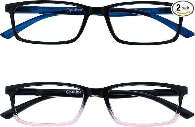 OPULIZE SEE Reading Glasses with Blue Light Blocking for Women and Men, Narrow Frame, Spring Hinges, Computer Gaming Glasses, Black,Black to Pink +1.5 (Pack of 2)