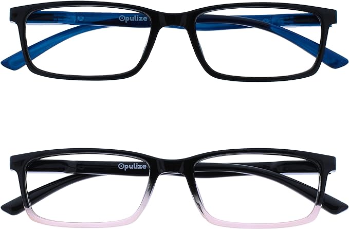 OPULIZE SEE Reading Glasses with Blue Light Blocking for Women and Men, Narrow Frame, Spring Hinges, Computer Gaming Glasses, Black,Black to Pink +2.5 (Pack of 2)
