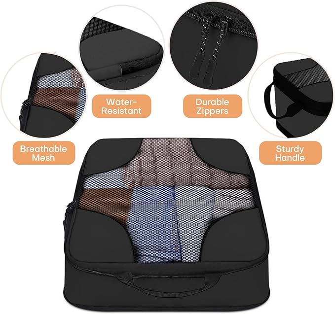 6 Set Compression Packing Cubes Bags for Travel Women, Compression Bags Organizer for Packing Luggage Space Saving, Suitcase Organizer Bags Set for Travel Essentials - Black