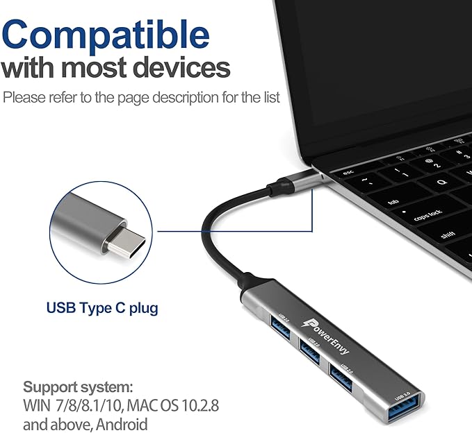 USB C Hub Adapter 4-in-1 by PowerEnvy – with 5Gbps USB 3.0 & 3×USB 2.0 Ports – Multiport Splitter for MacBook, iPad Pro, Dell XPS, More USB-C Devices