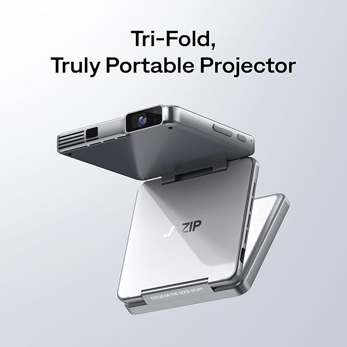 Aurzen ZIP Tri-Fold DLP Portable Mini Projector with Bluetooth 5.4, Screen Mirroring, 5000mAh Battery, Type-C Fast Charging, Zero-Lag Focus&Keystone,720P Pico Projector,Built-in Stand, 20"-125",White