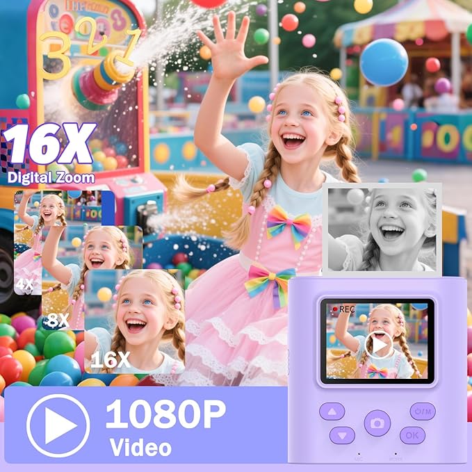 Upgrade Kids Camera Instant Print for Ages 3-12, Portable Instant Print Camera with HD Digital Video, Perfect Christmas Birthday Gift for Boys & Girls, Includes 32GB SD Card - Purple