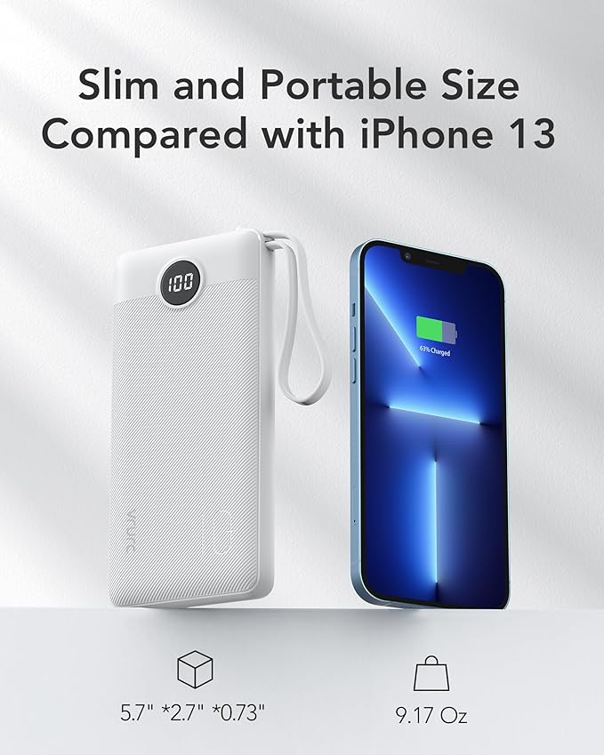 VRURC Portable Charger Power Bank, 10000mAh Travel Essentials Battery Pack, 5 Outputs 2 Inputs Slim Charing Bank Built-in Cables Cords Wires Compatible with iPhone,Samsung,Android-White(1 Pack)