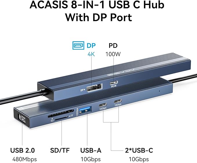 ACASIS USB C Hub with DP Port 10Gbps Multiport Adapter with 4K Display Port 3*USB3.2 Gen2+USB2.0 480M/bps Data Port 100W Power Delivery SD/TF3.0 USB C to Displayport for Video Editors and More