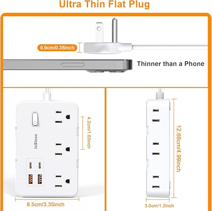 Surge Protector Power Strip, Flat Plug Extension Cord 0.65 FT with 6 Outlets 4 USB Charger (2 USB C), 1050J Protection Multiple Outlets Charging Station for Home, Office, College Dorm Room