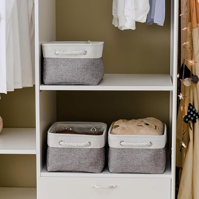 TheWarmHome Storage Bins for Shelves - 13.8L×9.8W×6.7H inch 3 Pack Medium Collapsible Storage Baskets for Organizing | Fabric Storage Cubes for Linen Closet Toy Home (White&Grey)