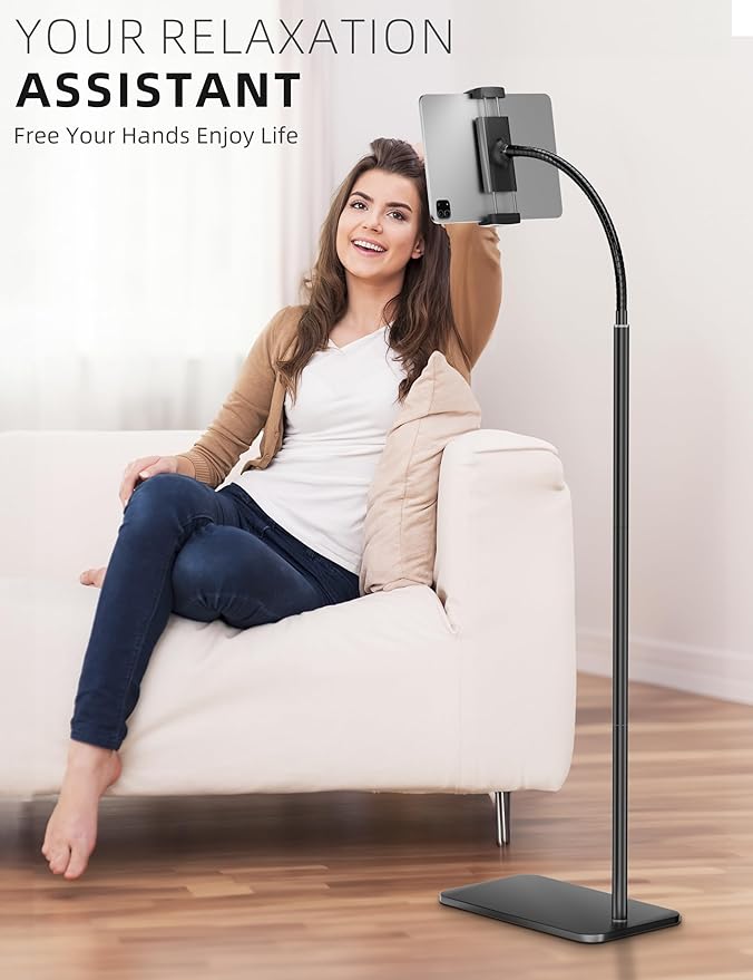 iPad Stand, Adjustable Tablet Floor Stand Metal Tablet Holder with Flexible Gooseneck, Compatible with iPad, Kindle, and Cell Phones (4.7''-13''), Ideal for Hands-Free Use