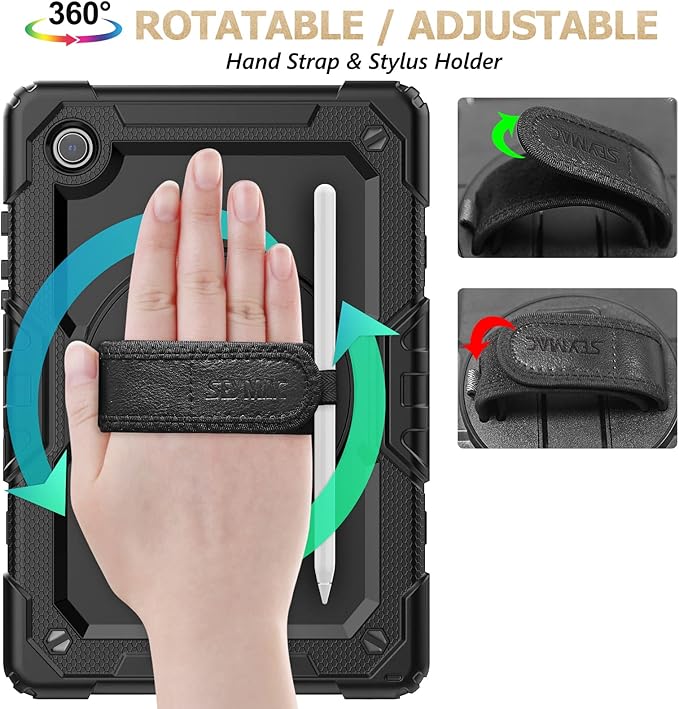 SEYMAC stock Case for Samsung Galaxy Tab A9+ Plus 11'', Full-Body Drop Protection Case with Screen Protector Pencil Holder [360° Rotating Hand Strap] &Stand, Black