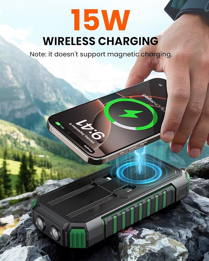 Riapow Solar Charger Power Bank - 27000mAh/99000mWh Wireless Portable Charger Built in 2 Cables - 22.5W Fast Charging Battery Bank with USB C in/Output - PD QC 3.0 Battery Pack Flashlights Outdoor