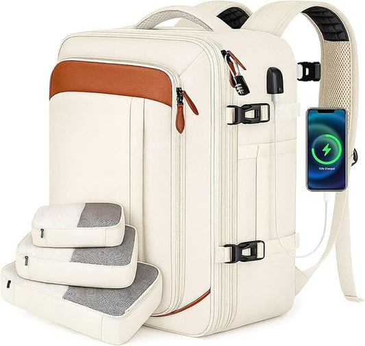 Vancropak Travel Backpack for Women, Airline Approved Carry On Backpack with 3 Packing Cubes, Expandable Large 40L Travel Bag fits 17" Laptop, Anti Theft Luggage Suitcase Weekend Daypack, White Brown