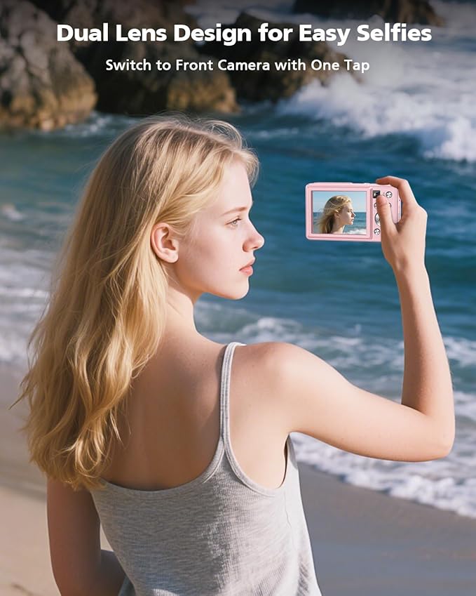 4K Digital Camera, 64MP Autofocus Vlogging Camera with Front Rear Lens, 32GB Card, Flash, 16X Zoom, Anti-Shake, Point Shoot Camera for YouTube Travel Teens Adult Beginner Photography(Pink)
