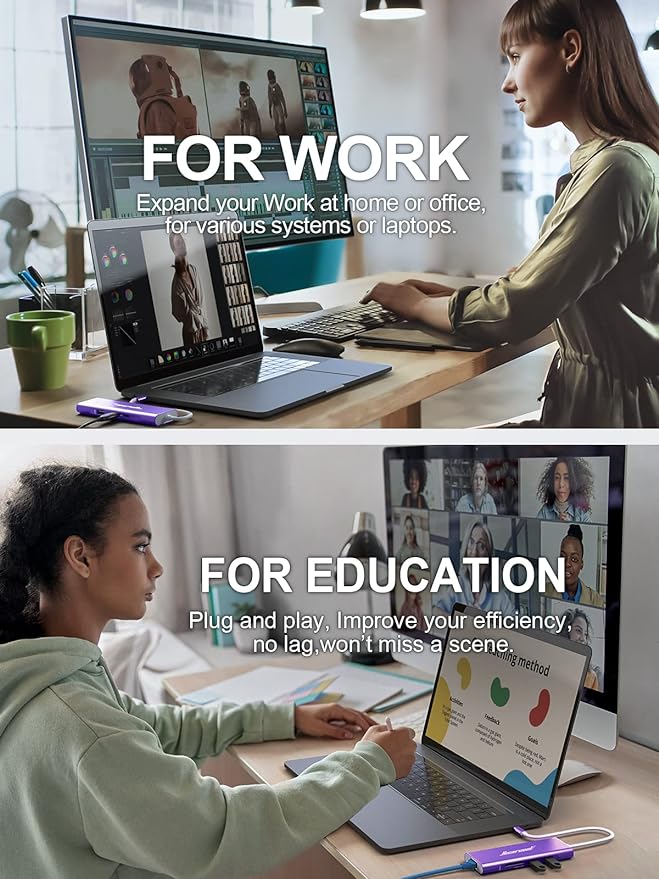 Hiearcool USB C Hub, USB-C Ethernet Dongle 4K@60Hz HDMI Multi-Port Adapter, USBC Docking Station Compatible for MacBook Dell HP Thunderbolt 3 4 Laptops-Purple