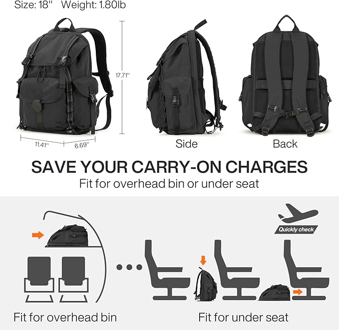 mixi Travel Backpack for Women Men, 18 Inch Carry On Laptop Backpack Flight Approved fits 16'' Laptop, Lightweight Waterproof Hiking Backpack Travel Outdoor Business Casual Daypack, Black