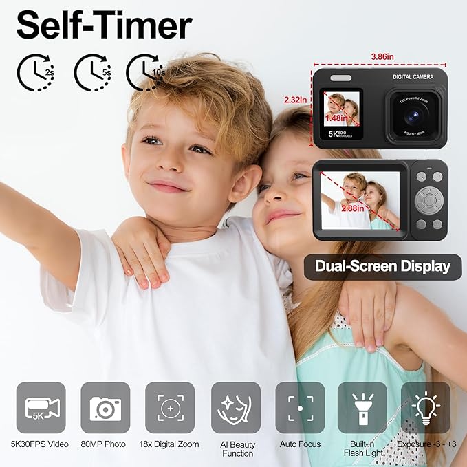 Upgraded 5K Dual Screen Digital Camera,80MP Vlog Photography Camera for YouTube,Campus,Travel,Compact Point & Shoot Camera for Teens & Beginners with Autofocus,18x Zoom,Anti-Shake,Black