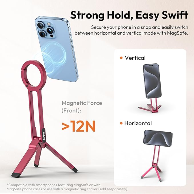 ULANZI MA30 Magnetic Phone Tripod Stand for iPhone - Aluminium Maglock Smartphone Mini Tripod Pocket Cell Phone Stand Strong Magnet Quick Mount Compatible with iPhone 17 16 15 14 13 12 Series, Red