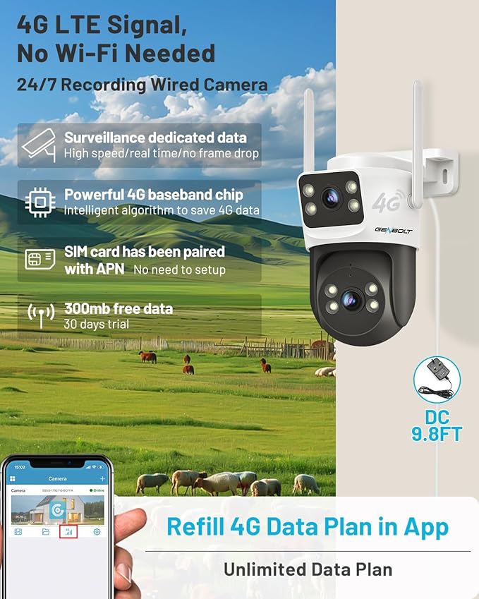 GENBOLT 4G LTE Cellular Security Camera Outdoor No WiFi, Dual Lens PoE Surveillance Camera CCTV with Sim Card, 24/7 Recording Plug in Wired IP Cam with Auto Tracking Human Detection