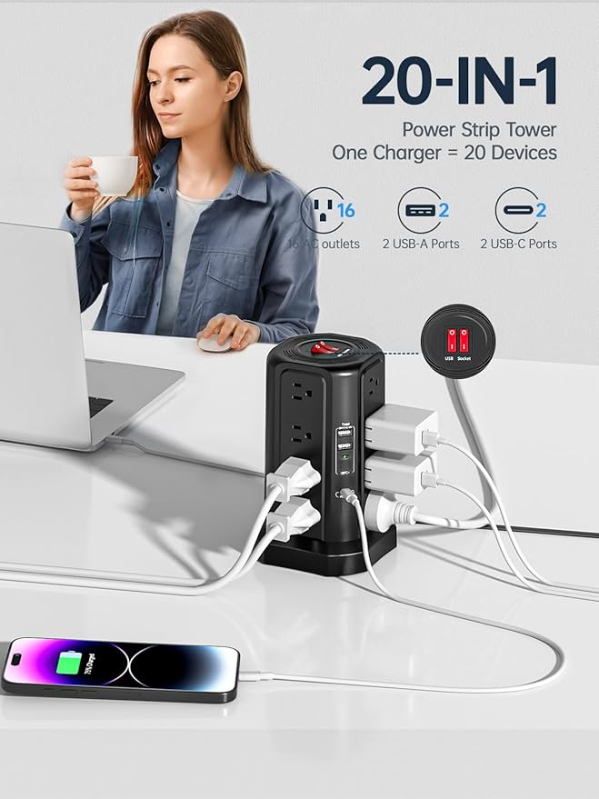 Surge Protector Power Strip with 5 USB Ports,16 AC Outlets 13A 10FT Extension Cord with Multiple Outlets, Fararaka Power Strip Tower with Surge Protection for Office Dorm Room (10FT+16AC2A2C)