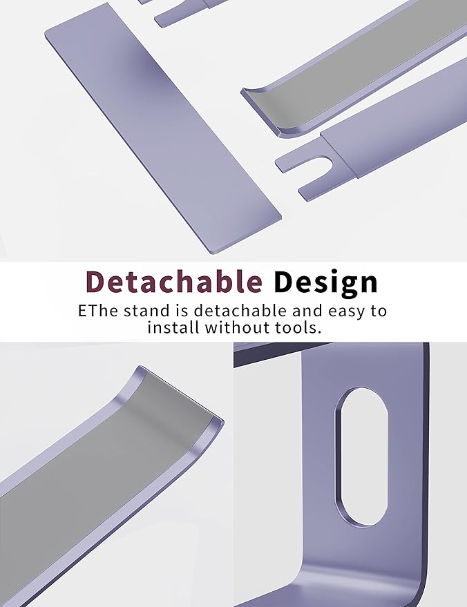 ALASHI Laptop Stand for Desk, Aluminum Computer Riser, Ergonomic Notebook Holder, Detachable Metal Laptops Elevator, PC Cooling Mount Support 10 to 15.6 Inches Notebook, Light Purple