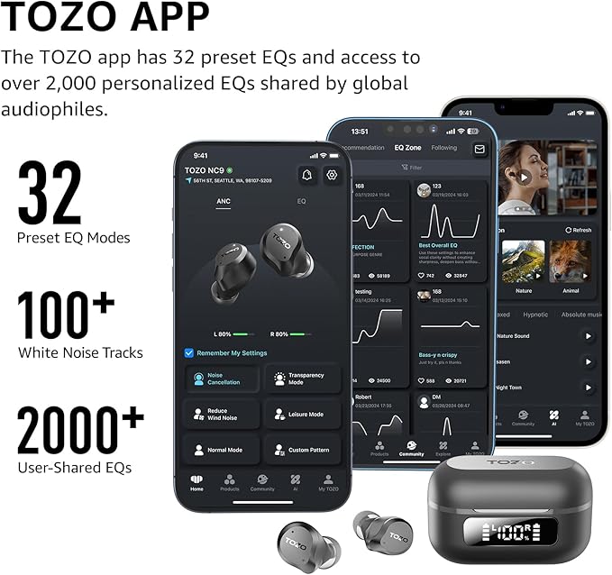 TOZO NC9 Hybrid Active Noise Cancelling Wireless Earbuds, 6 Mics ENC Clear Call, IPX8 Waterproof, in Ear Bluetooth 5.3 Headphones Stereo Bass Ear Buds 59H Playtime with LED Display 32 EQs via APP