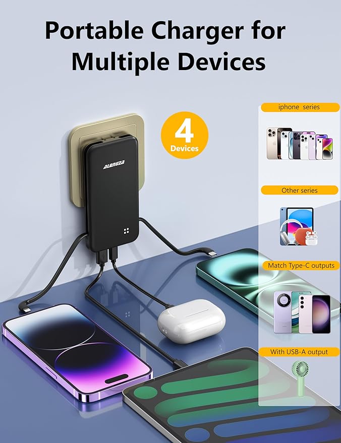 Alongza Portable Charger Built-in Cables and AC Wall Plug, Slim Fast Charging Power Bank 10000mAh, Lightweight USB C External Battery Pack Compact Travel Cell Phone Charger, 2 Pack Black & Pink