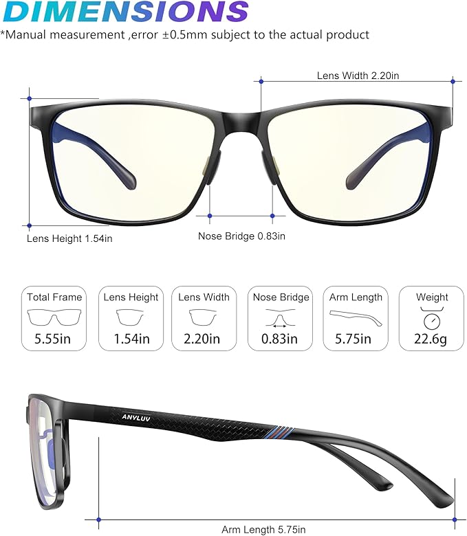 ANYLUV Blue Light Glasses Men, Relieve Eyestrain and Eye Protection, Al-Mg Metal Computer Blue Light Blocking Glasses