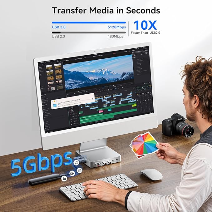 13-Port USB C Hub for iMac 24 inch 2021/2023/2024, iMac Accessories for iMac M1/M3/M4, iMac USB Hub with 5 USB-A & 2 USB-C 3.0 Ports, 4K@60Hz HDMI, 1Gbps Ethernet, SD/TF, M.2 NVME SSD (Not Included)