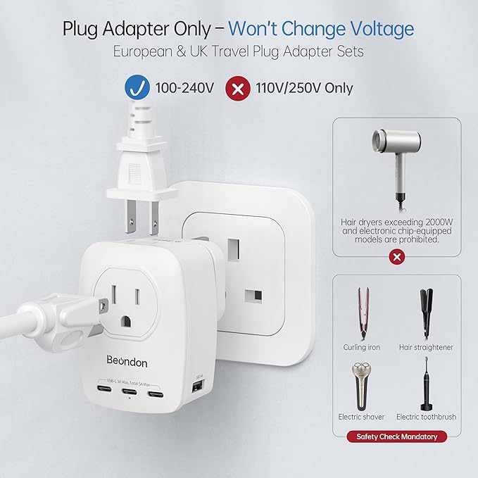 BEONDON European Travel Adapter Kit with Detachable Plugs (C/E/F/G) for UK, France, Germany, Italy, Spain & More - 2 US Outlets & 5 USB Ports (3 USB C) - Multi-Device Charger