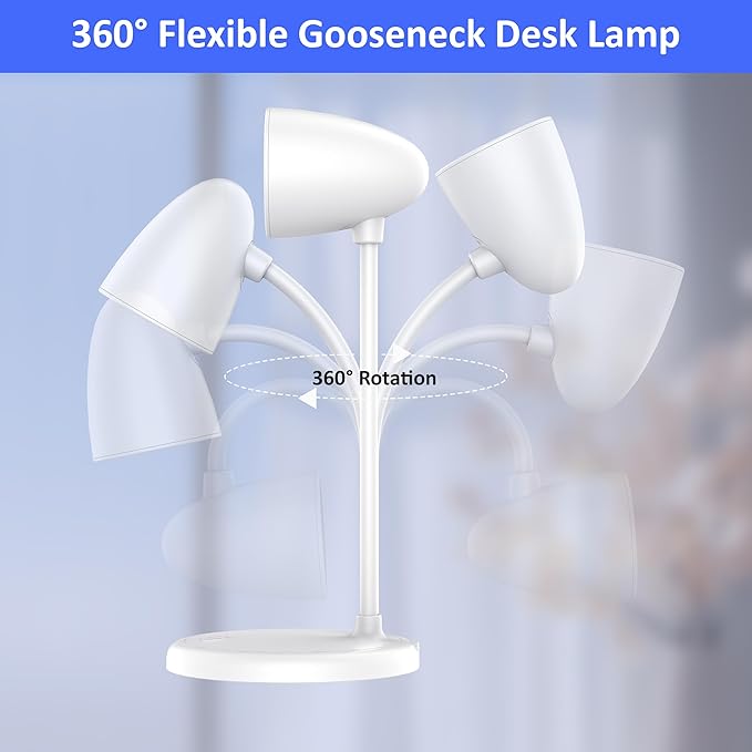 LED Desk Lamp for Home Office,3 Light Colors,Flexible Gooseneck Table Lamp,Dimmable Reading Light for Bedside Small Desk Lamp for College Dorm Room,Bedroom Desk Light,White