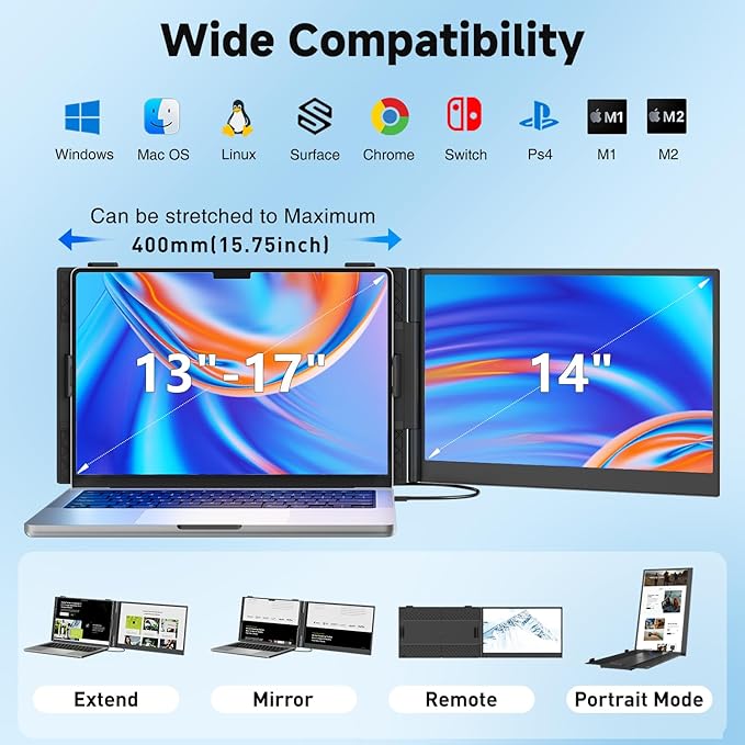 KEFEYA Laptop Screen Extender, 14" FHD 1080P Portable Monitor for Laptops, 0.19" Ultra-Thin Laptop Monitor Extender for 13-17" with USB-C/HDMI Port, Plug n Play for Windows/Mac/Android/Switch/PS5