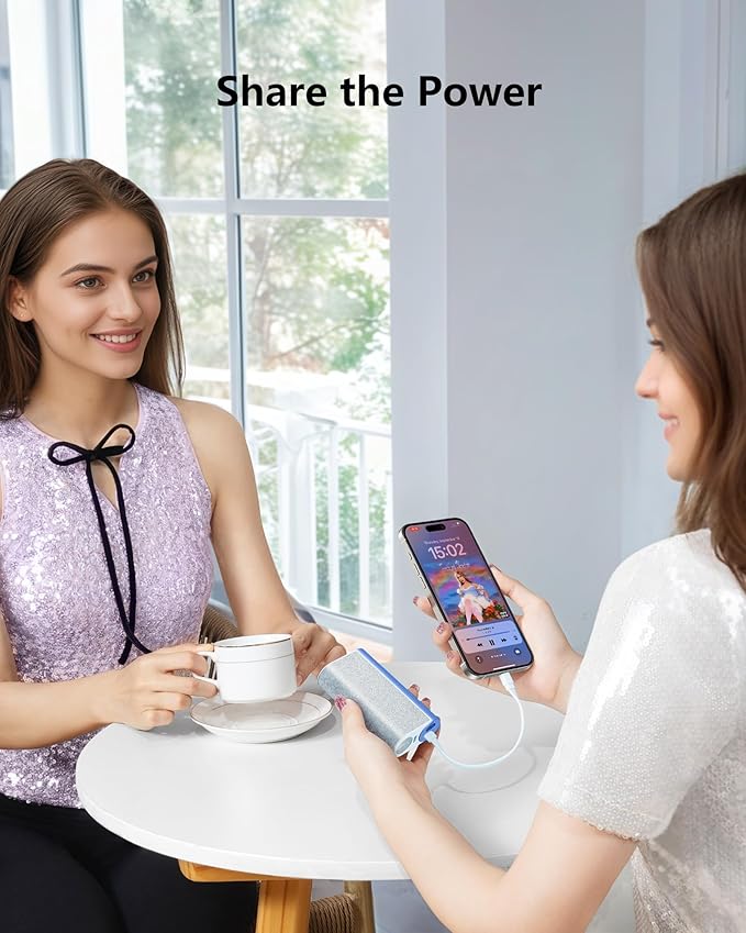 VEGER Compact Portable Charger with Built in Cable(Removable), 10000mAh Cute Power Bank 20W Fast Charging, Sparkling Battery Pack Fashion Travel Accessory Compatible with iPhone 15/14, Android-Blue