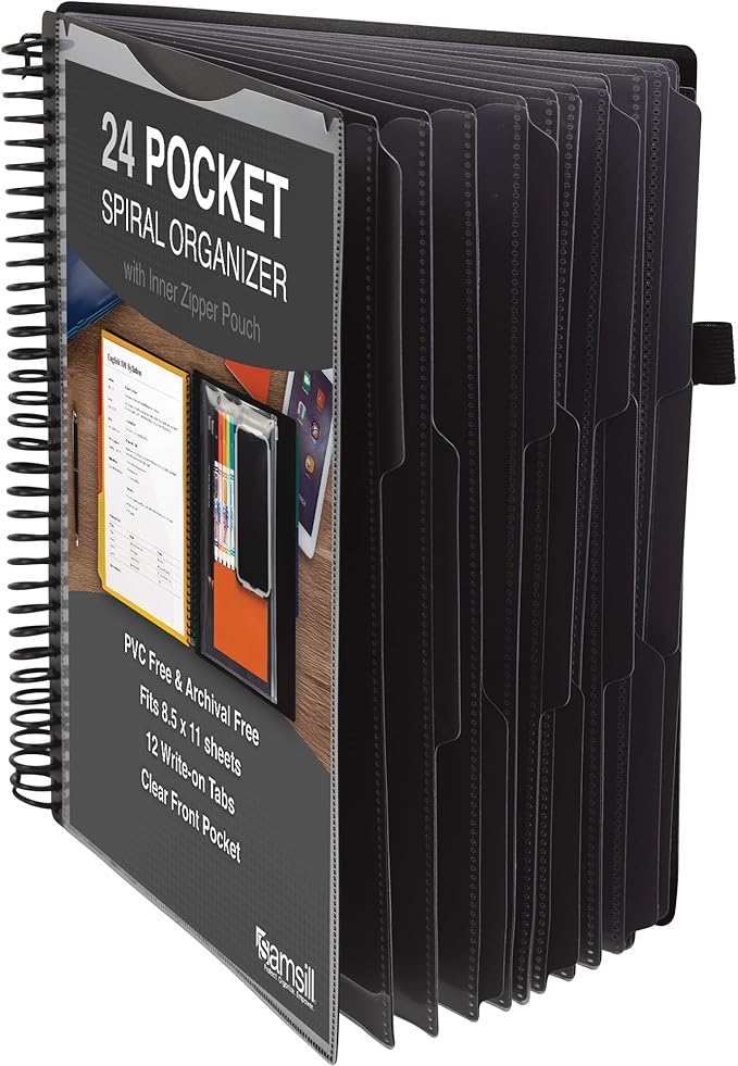 Samsill Deluxe 24 Pocket Spiral Project Organizer with Refillable Notepad Holder, Customizable Front Cover, 12 Dividers with Erasable Write-On Tabs in Gray, Plastic Folders with Pockets